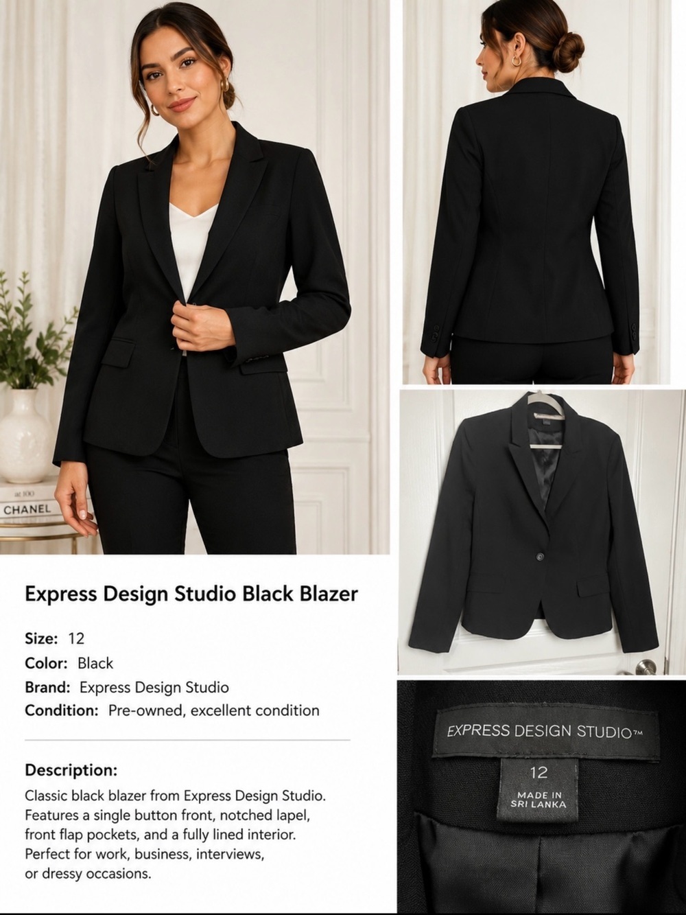 Express Design Studio Black One-Button Career Blazer Size 12